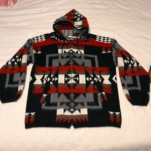 VTG Ecuadorian 100% Wool Hooded Zip-Up Jacket Size Medium Geometric Pattern